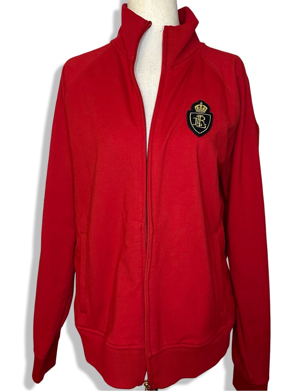 LRL Lauren Ralph Lauren Women's L Red Zip-Front Jacket with Crest Detail